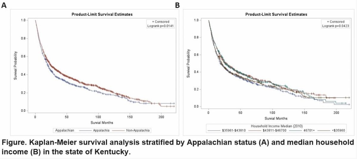 Kaplan Meier survival analysis stratified by Appalachian status and median household income