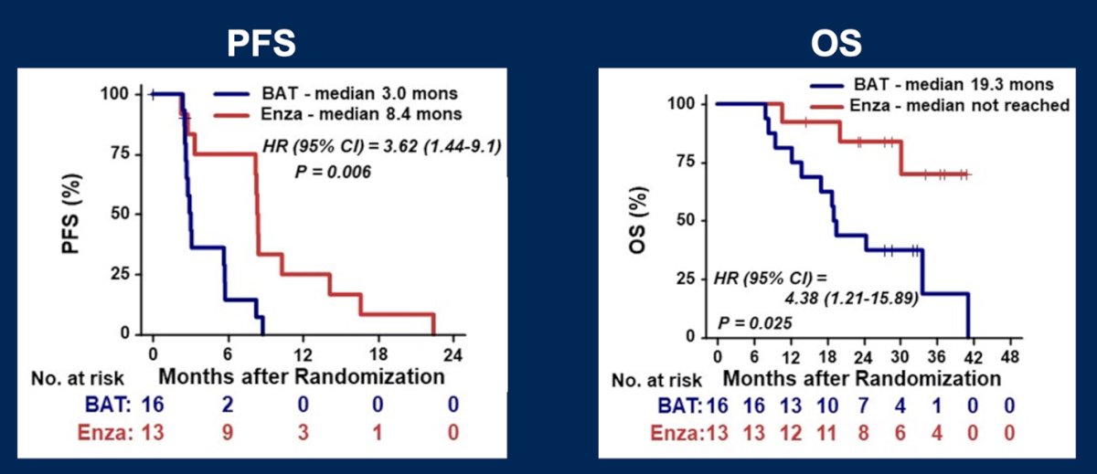 Patients with no AR alterations treated with BAT exhibit significantly shorter PFS (p=0.006) and OS (p=0.025) compared to those treated with Enzalutamide
