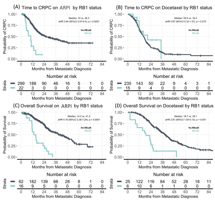 Outcomes of time to castration-resistance and overall survival by treatment class stratified by the presence of RB1 status