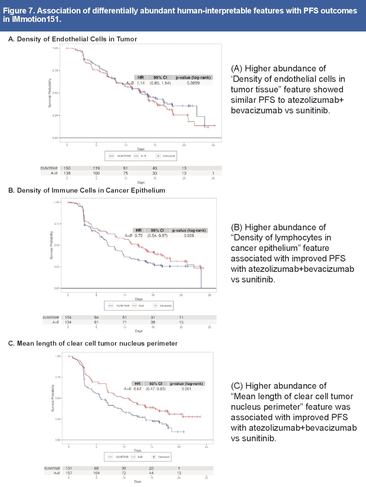 Representative human interpretable features enriched in T-effector and Proliferative subgroups showed improved PFS benefit with atezolizumab + bevacizumab, compared to sunitinib