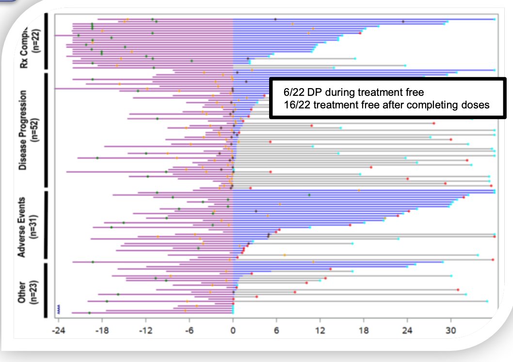 A partitioned overall survival (OS) and treatment-free survival (TFS) analysis with a median follow-up of 37.7 months showed that most patients who completed protocol therapy (72%) or stopped due to adverse events remained treatment-free for prolonged periods (beyond 12 months)