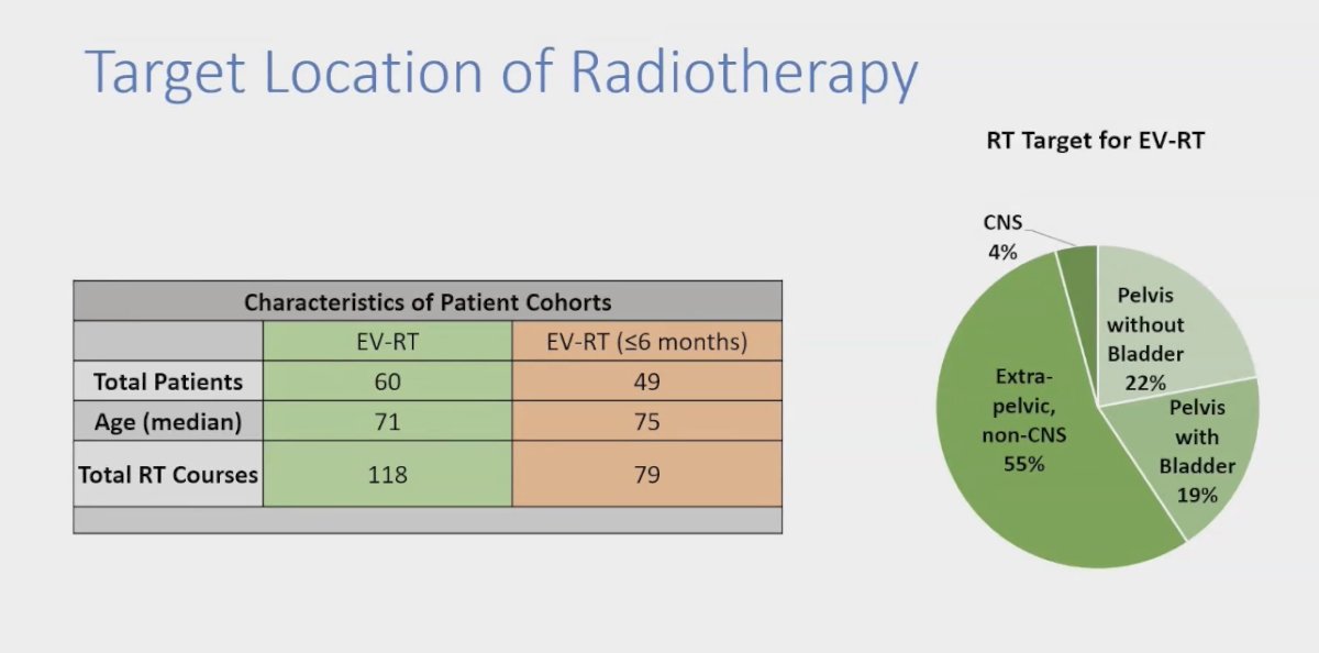 In this analysis, the RT target was identified as follows: 55% of cases involved extrapelvic non-CNS regions, 22% targeted the pelvis without including the bladder, 19% involved the pelvis with the bladder, and 4% focused on the CNS.