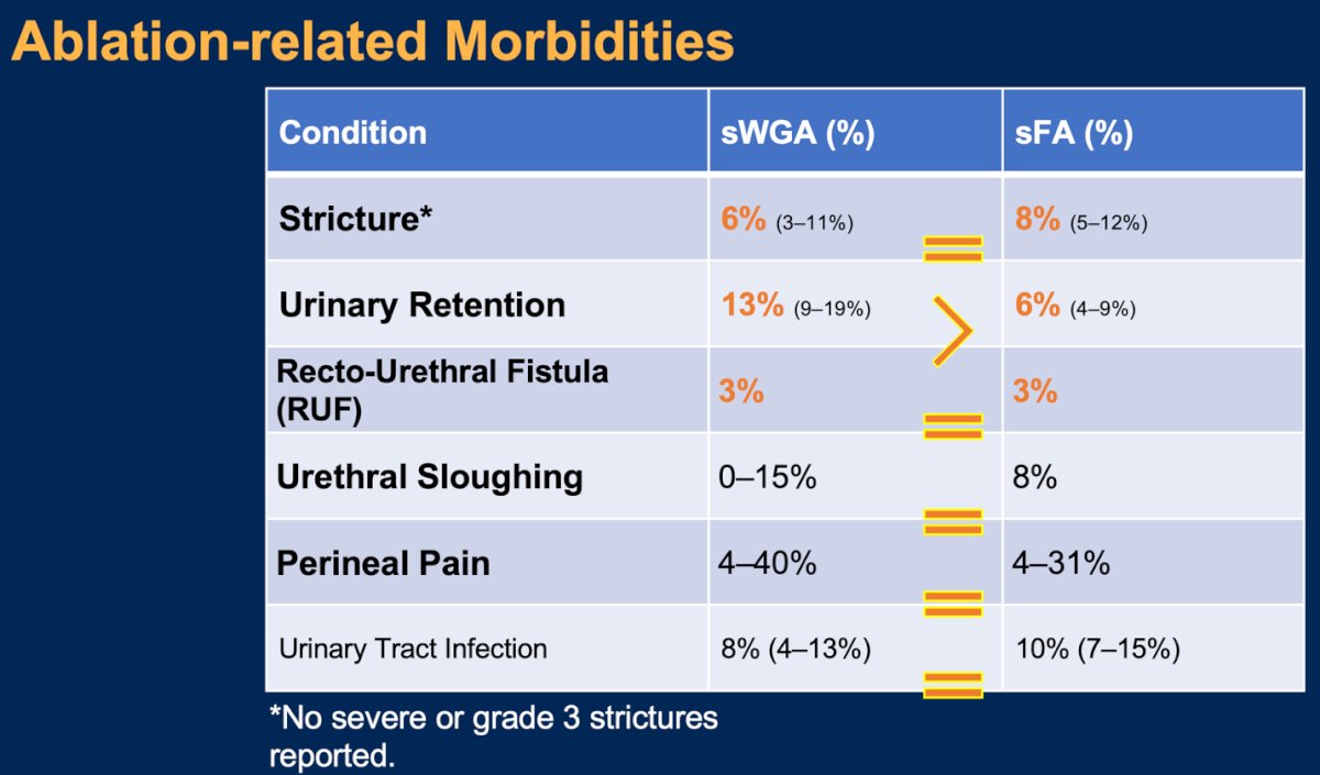 In terms of ablation-related morbidities, outcomes for urethral stricture, recto-urethral fistula, urethral sloughing, perineal pain, and urinary tract infections were similar when comparing salvage whole-gland ablation versus salvage focal ablation. However, urinary retention was more than double (13% vs. 6%) in patients treated with salvage whole-gland ablation.