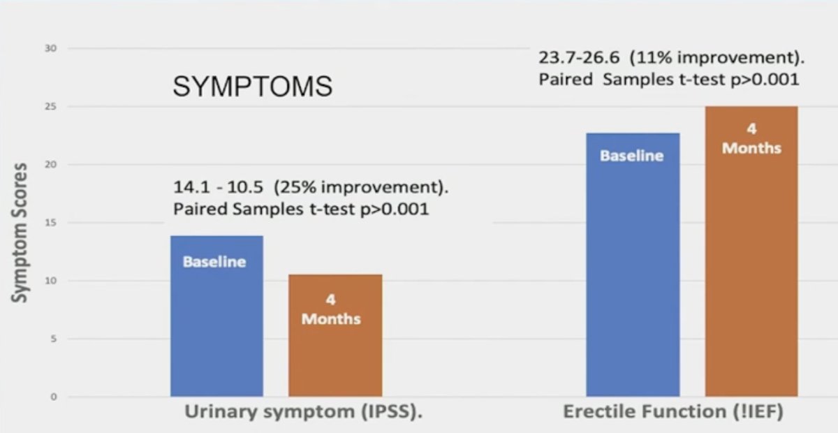 The International Prostate Symptom Score and the International Index of Erectile Function were significantly better in the phytochemical rich supplement + probiotic blend group (10.5 versus 14.1; 26.6 versus 23.7 respectively, both p<0.001).