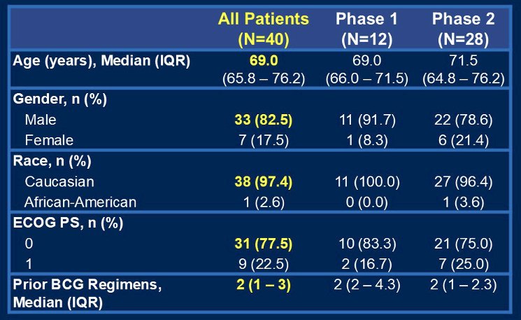 Between January 2022 and October 2024, 40 patients enrolled (phase 1, n=12; phase 2, n=28) from 6 sites. The study completed its full planned accrual. The baseline patient demographics are summarized in the table below. The median age was 69 years, and 83% of patients were male. The median number of prior BCG regimens received was 2.