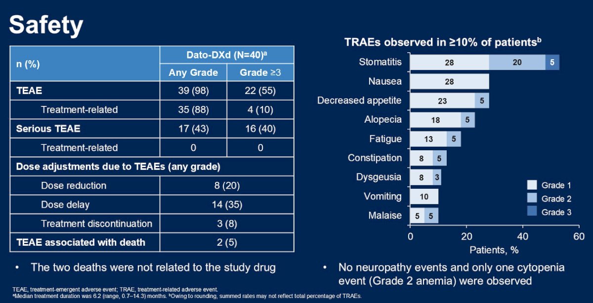 From a safety standpoint, any and grade ≥3 treatment-emergent adverse events (TEAEs) were observed in 98% and 55% of patients, respectively. Treatment-related deaths were observed in two (5%) patients.
