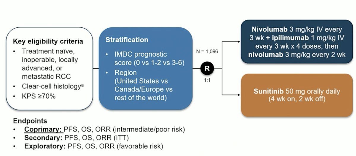 CheckMate 214 demonstrated that the combination of nivolumab + ipilimumab has superior overall survival and durable responses, compared to sunitinib, with 8 years of follow-up in the first line treatment of advanced RCC.1