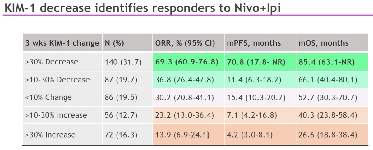 Patients with a 30% decrease in KIM-1 after 3 weeks of treatment had over 3-fold longer median OS and 17-fold longer median PFS compared to those with a 30% increase.