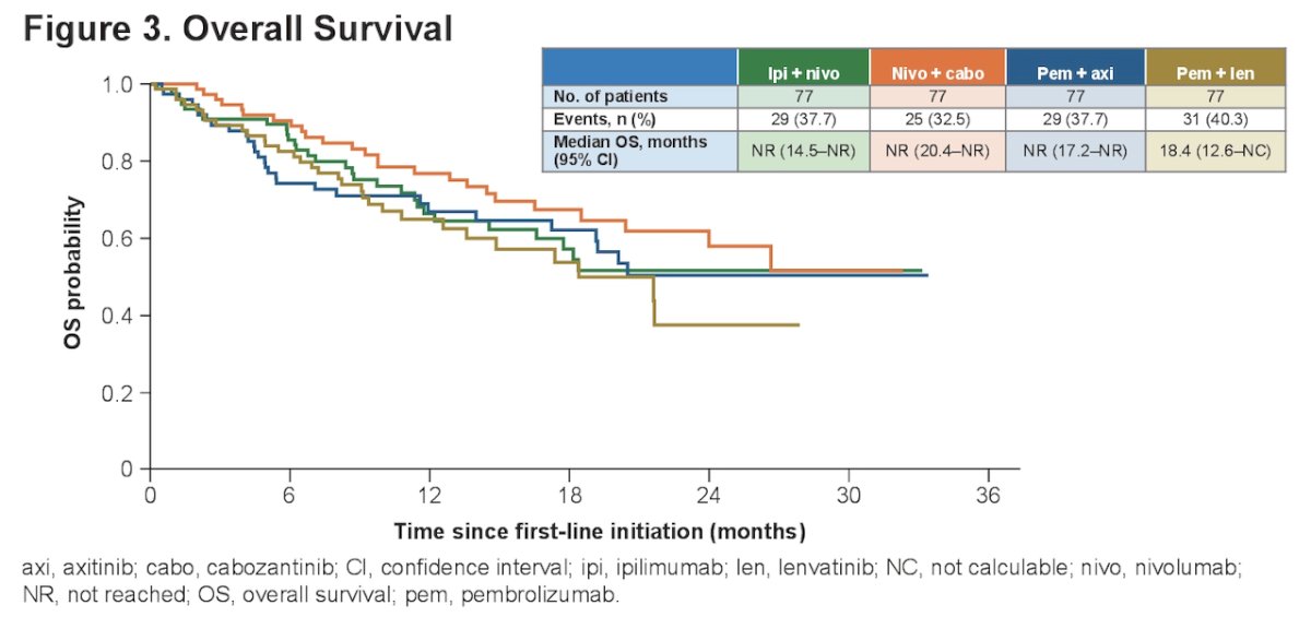 The 12-month overall survival (OS) probability following first-line treatment initiation was 76.8% in the nivolumab + cabozantinib cohort, 70.9% in the pembrolizumab + axitinib cohort, 70.5% in the IO-IO (nivolumab + ipilimumab) cohort, and 64.0% in the pembrolizumab + lenvatinib cohort. However, OS data were immature, with median OS not reached for any treatment cohort during the study follow-up period, except for the pembrolizumab + lenvatinib cohort, which had a median OS of 18.4 months.