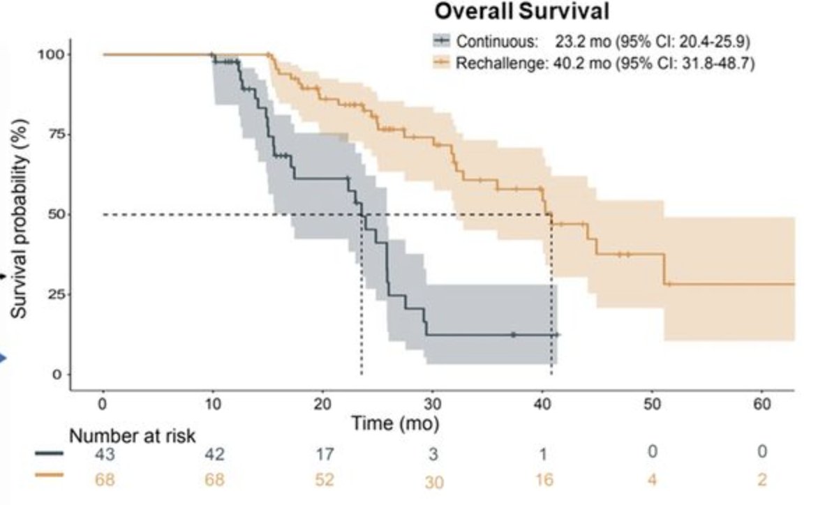 When should we extend 177Lu-PSMA-617 radioligand therapy. Dr. Iagaru notes that this approach has been evaluated in a German multicenter study of 111 patients [5], either as a continuous treatment (38.7%) or as a rechallenge (61.3%) treatment. Overall survival in the continuous group was 23.2 months (95% CI 20.4 – 25.9) versus 40.2 months (95% CI 31.8 – 48.7) in the rechallenge group
