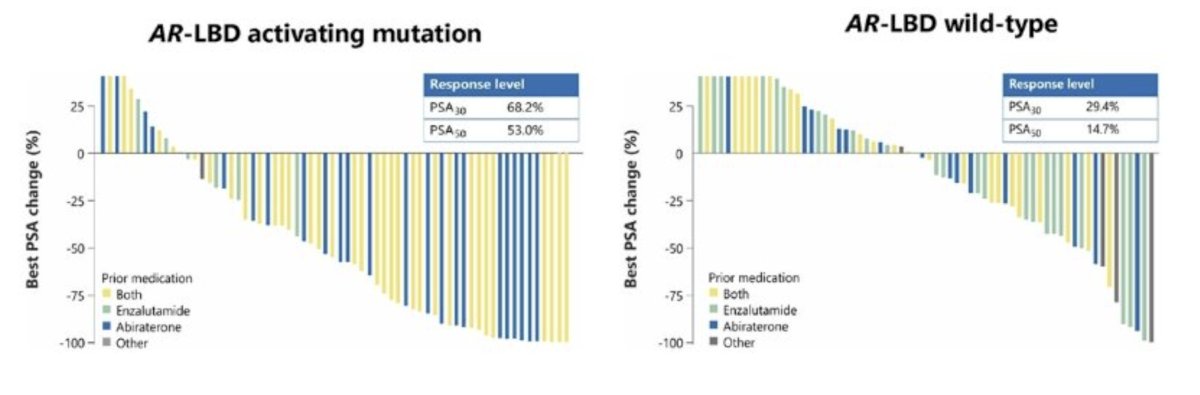 Work presented by Dr. Fizazi at ESMO assessing the CYP11A1 inhibitor opevesostat showed that in patients with AR-ligand binding domain activating mutations, a PSA50 response was observed in 53% of patients. Conversely, in the AR-ligand binding domain of wild-type patients, a PSA50 response was observed in 15%. PSA30 responses were observed in 68% and 29% of patients, respectively