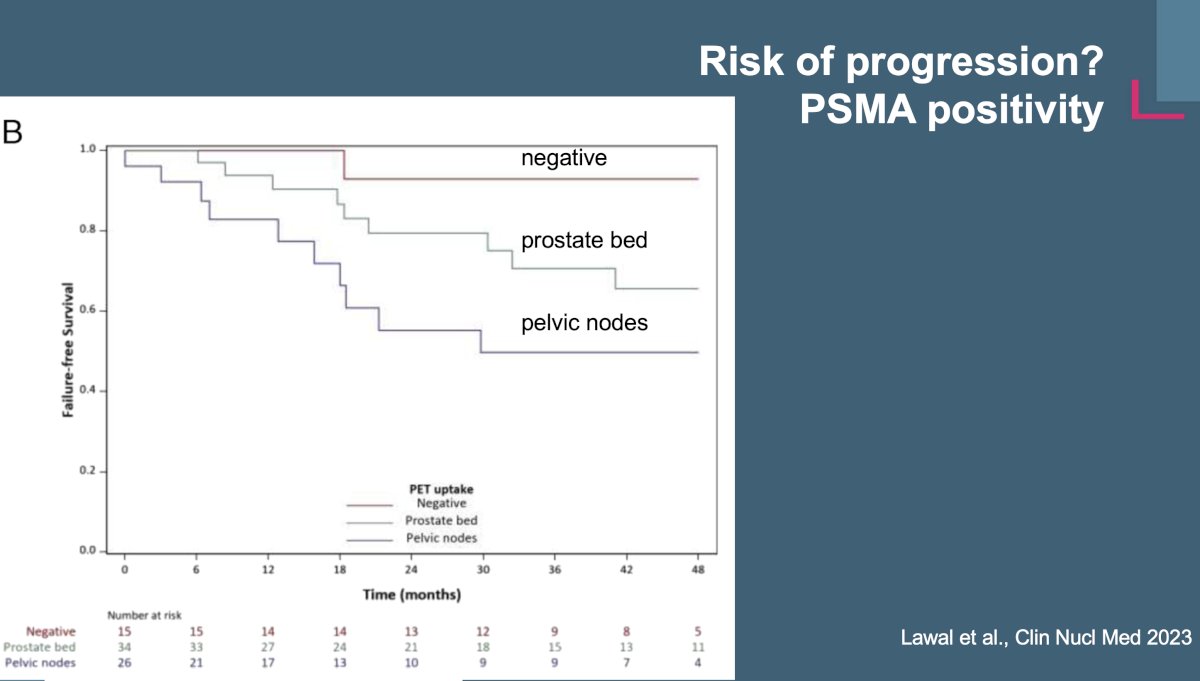 Another obvious tool to incorporate in the risk stratification of biochemically recurrent patients is PSMA PET, with pelvic nodal PET-positive patients having worse failure-free survival outcomes, compared to both prostate bed-positive and PSMA PET-negative patients.