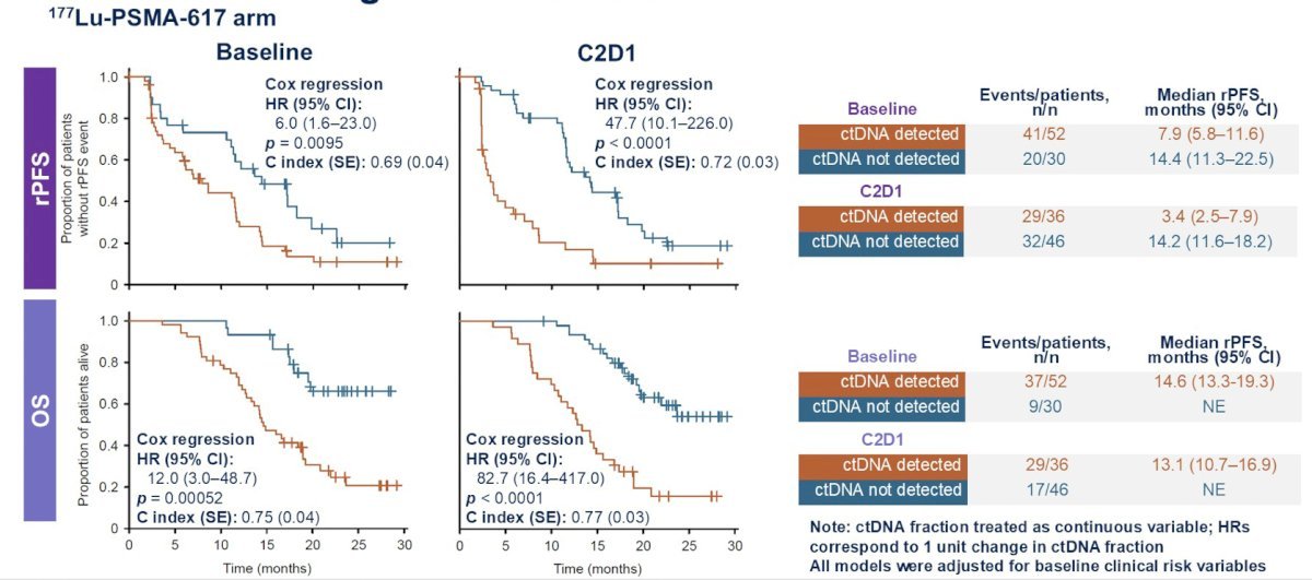 Patients with plasma samples at baseline and cycle 2 day 1 were included (177Lu-PSMA-617, 82/234; androgen receptor pathway inhibitor change, 91/234). Cox regression models adjusted for clinical features in the&nbsp;177Lu-PSMA-617 arm showed that higher ctDNA fraction was associated with shorter radiographic progression free survival and overall survival. These associations were stronger for cycle 2 day 1 than baseline, both when comparing individual models and within a model including both time points