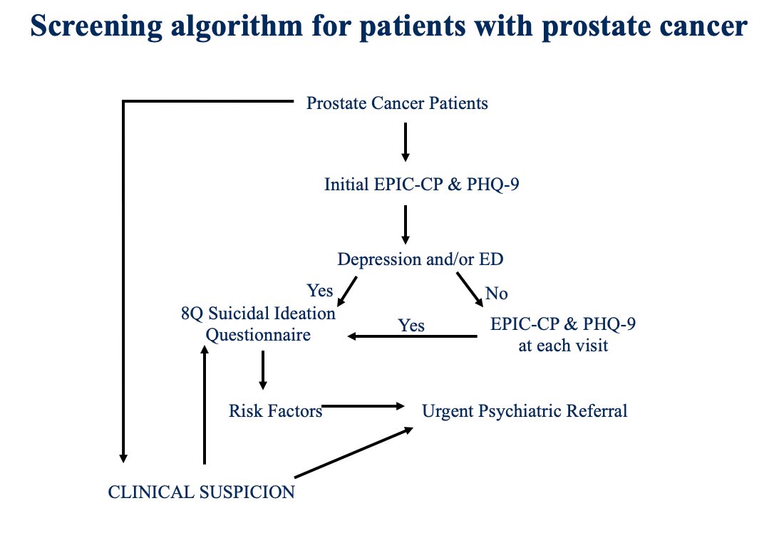 The reason this is important is because of potential evolving issues that these side effects may lead to depression and even suicidal ideation. Work from Dr. King’s group assessed the implications of screening for depression, erectile dysfunction, and suicidal ideation, providing the following screening algorithm for patients with prostate cancer that she uses in her clinic