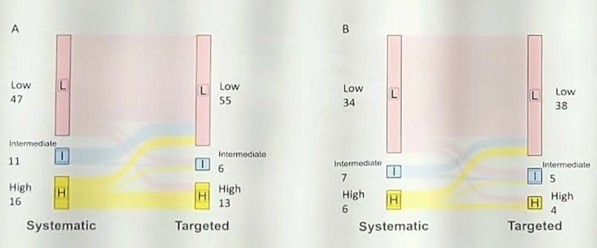 The following Sankey diagram shows the flow of risk groups according to the Decipher genomic classifier score between systematic biopsy and targeted biopsy in paired analysis for the overall cohort (A) and the subgroup with Gleason Group 1 disease (B)