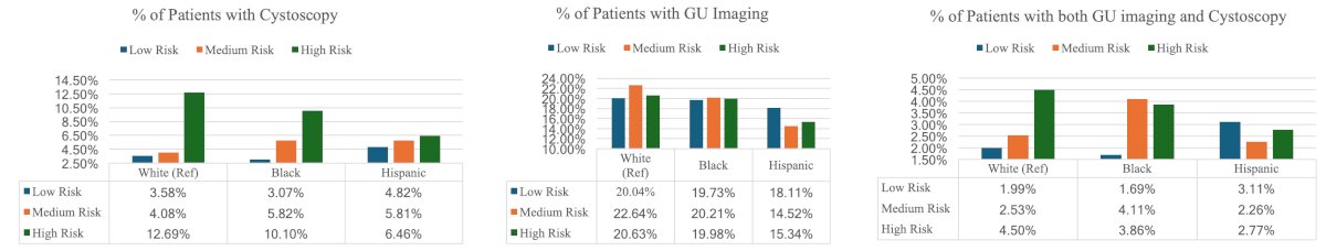 Stratified by low, intermediate, and high risk patients, the following highlights the utilization of cystoscopy, genitourinary imaging, and both cystoscopy and imaging for each race/ethnicity