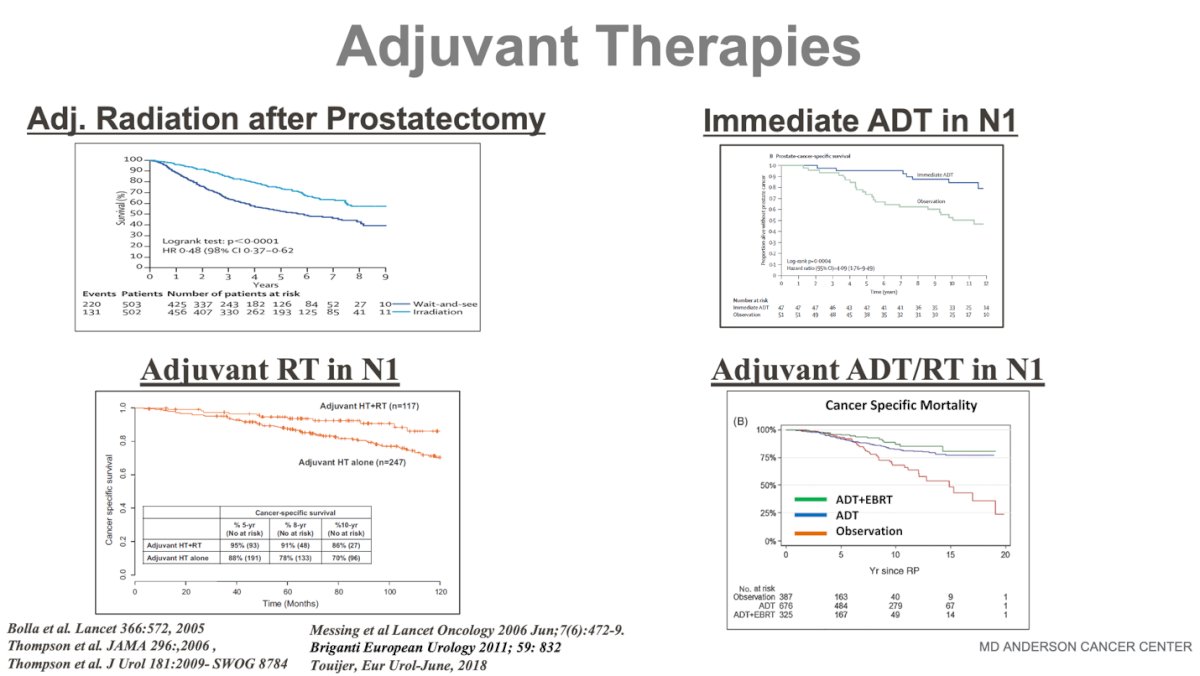 Dr. Chapin reviewed data on various adjuvant strategies, highlighting that adjuvant radiation after RP improves survival outcomes, immediate ADT in N1 disease enhances survival, and adjuvant RT with or without ADT in N1 patients is effective