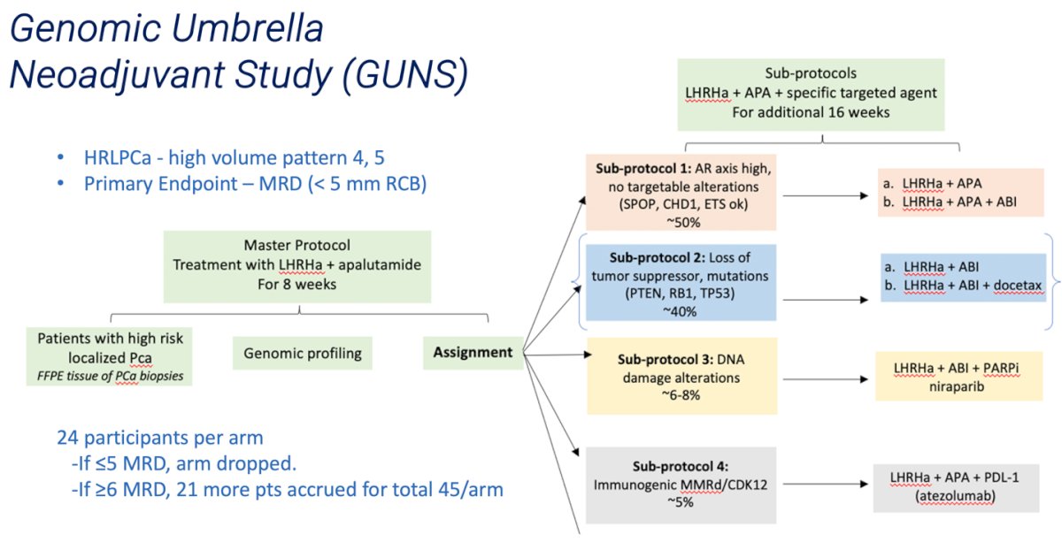Sub-protocols combine ARPI doublets with agents targeting specific genomic biomarkers, such as docetaxel for RB1, PTEN, and/or TP53 loss, niraparib for DNA damage repair (DDR) deficiency, and anti-PD-L1 for mismatch repair (MMR) deficiency. The trial initially enrolls 24 participants per arm, with arms being dropped if ≤5 achieve MRD. If ≥6 MRD cases are observed, 21 additional patients are accrued, totaling 45 per arm.
