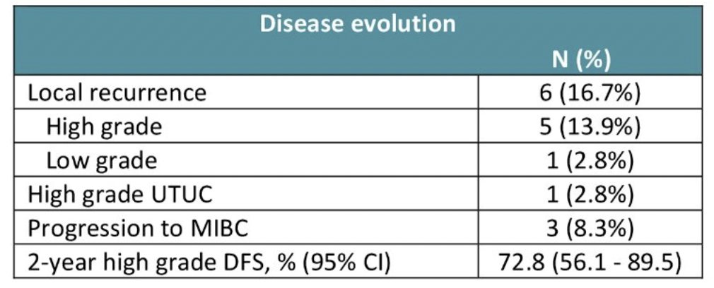 With regards to efficacy outcomes, local recurrence occurred in 17% of patients (13.9% high grade), with a 2-year high-grade disease-free survival of 73%. Three (8%) patients progressed to muscle invasiveness