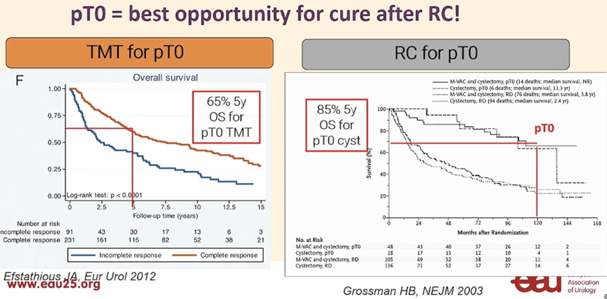Importantly, even in patients with a pathologic complete response (i.e., pT0), overall survival outcomes for pT0 patients who underwent radical cystectomy are superior to those who undergo TMT. Thus, Dr. Contero argued that not all pT0 patients are created equally, and the best opportunity for cure in these patients is with a radical cystectomy.