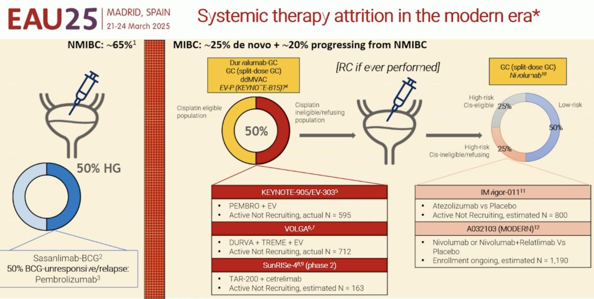 With an eye to the future, Dr. Necchi warned that as systemic therapy options, as outlined in the slide below, become increasingly used in the earlier, including non-muscle invasive, settings, we are going to be ‘exhausting’ options earlier in the treatment paradigm, and these patients with metastatic disease, including pelvic-only disease, are going to have less options available. This may open up the avenue for rescue with local treatment for patients who develop oligorecurrences following effective induction therapy.