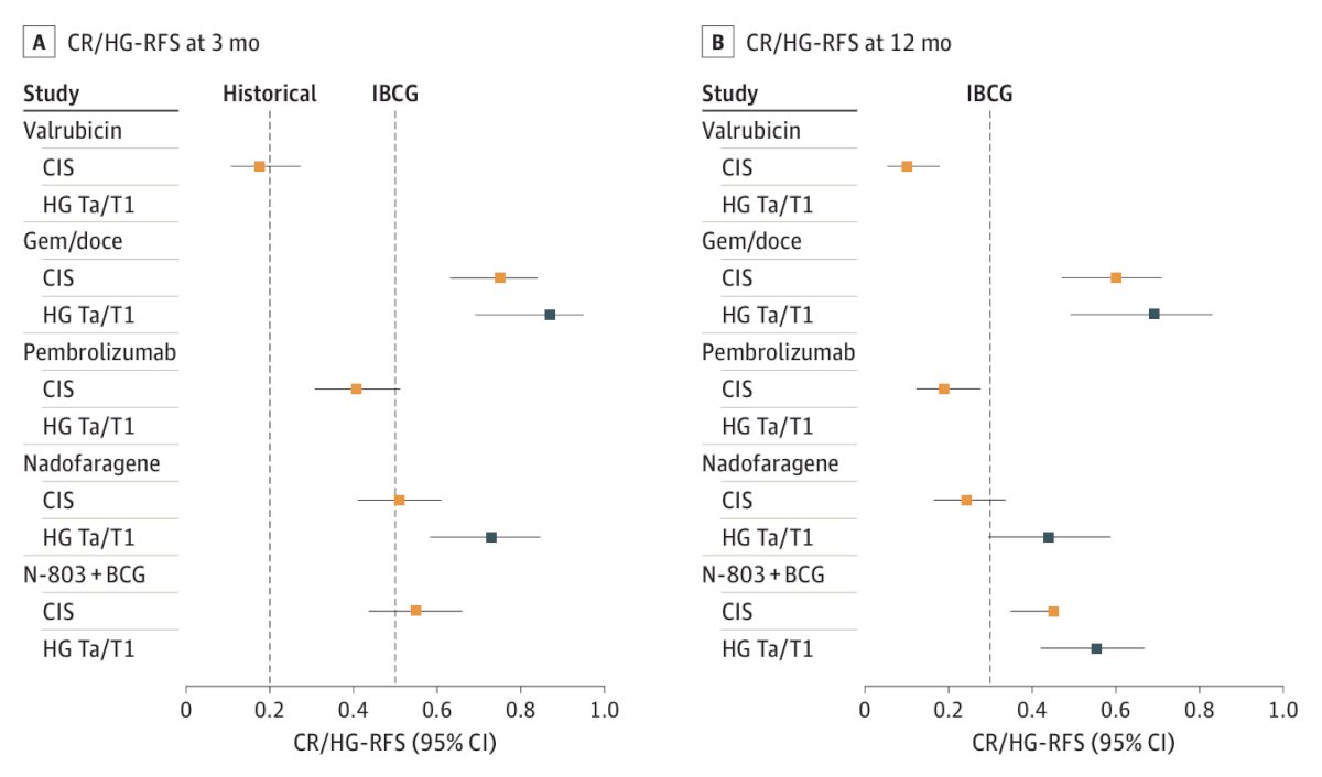 Importantly, when assessing complete response/high grade recurrence free survival at 3 and 12 months for approved and selected treatment options for BCG-unresponsive non muscle invasive bladder cancer, gemcitabine + docetaxel has impressive and durable responses for both CIS and HG Ta/T1 disease