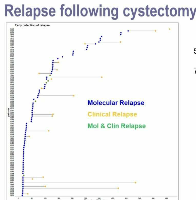56% of patients were ctDNA+ post-radical cystectomy. 75% were detected <4 months post-cystectomy. Of the ctDNA- patients, only 2 (3%) developed metastases on CT scan during follow-up.