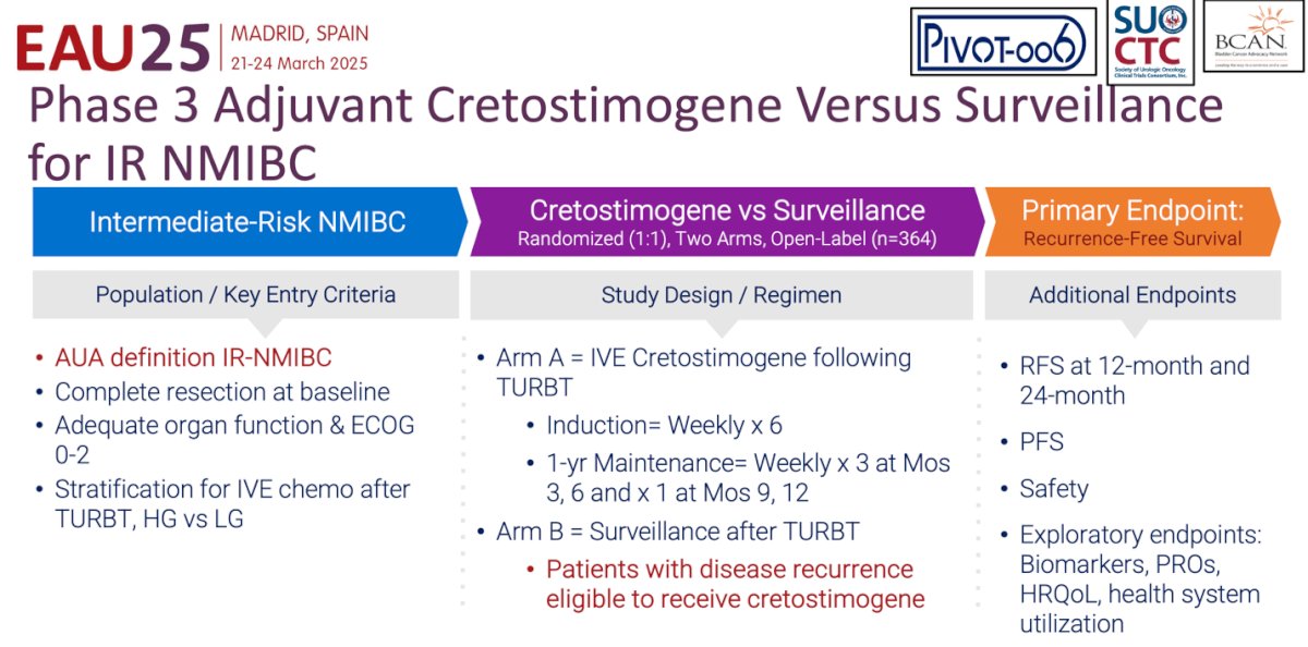 The trial utilizes the AUA definition of IR-NMIBC and randomizes patients 1:1 into two arms: Arm A receives intravesical cretostimogene following TURBT, while Arm B undergoes surveillance post-TURBT. Notably, patients in Arm B who experience disease recurrence are eligible to receive cretostimogene. The primary endpoint is recurrence-free survival, with the study design detailed below.