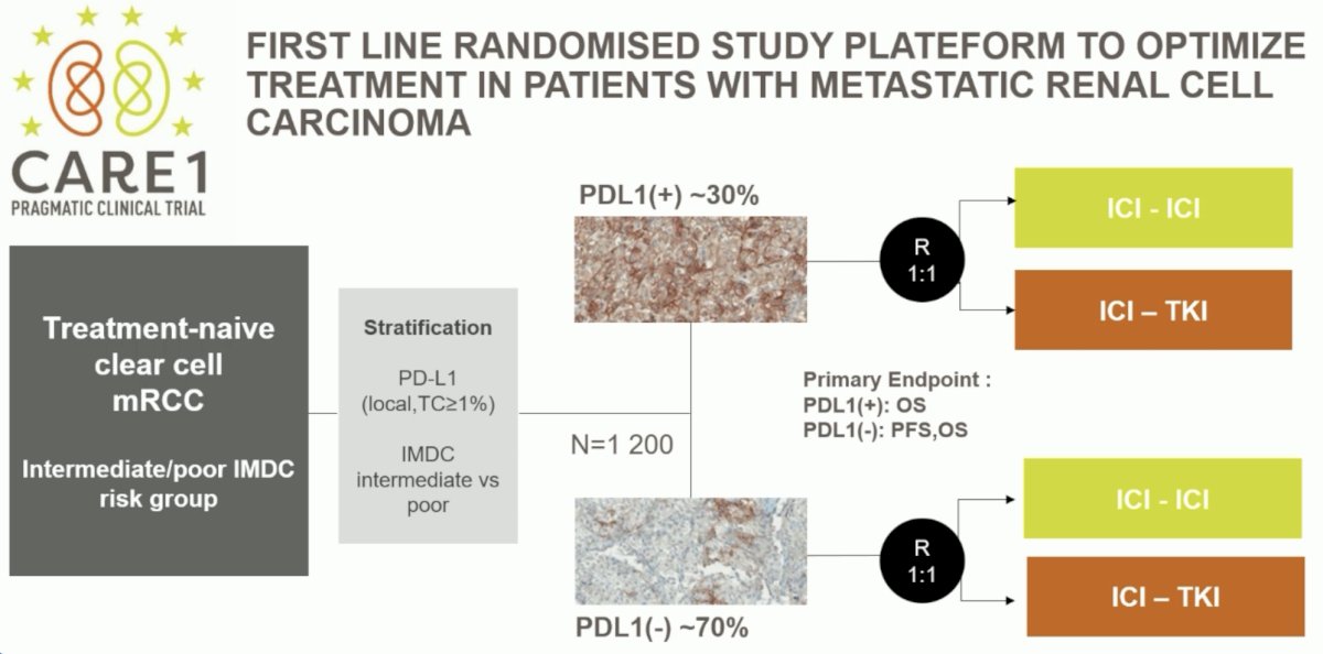 CARE-1 is a pragmatic clinical trial that is randomizing treatment-naïve clear cell metastatic intermediate/poor risk group RCC patients to either IO-IO or IO+TKI therapy, with randomization stratified by PD-L1 status: