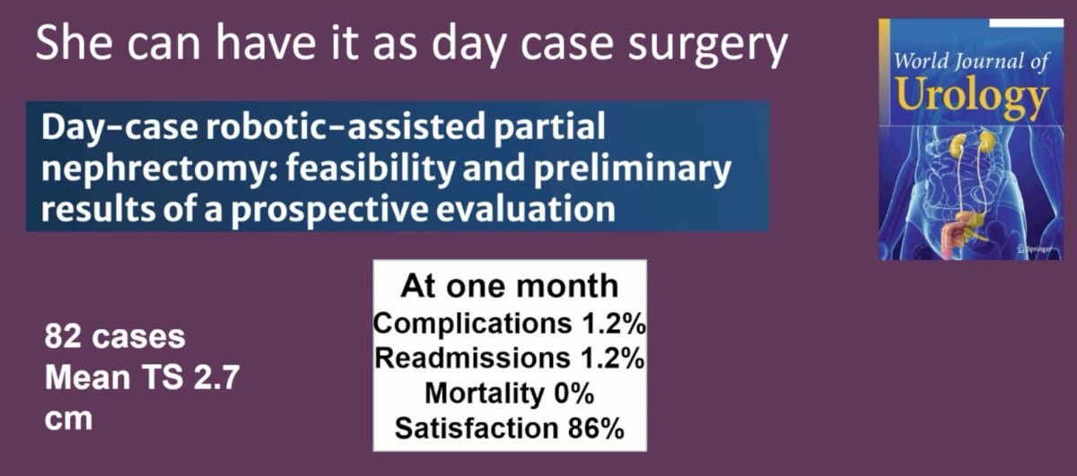 Additionally, robotic partial nephrectomies are being performed as outpatient surgeries at a number of high-volume centers, with reported 1-month complication and readmission rates of 1.2% only.