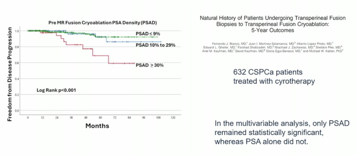 Moreover, in focal therapy, PSAD plays a critical role. In a study of 632 patients with clinically significant prostate cancer (CSPCa) treated with cryotherapy, multivariable analysis showed that only PSAD remained statistically significant in predicting disease-free progression, whereas PSA alone did not.5