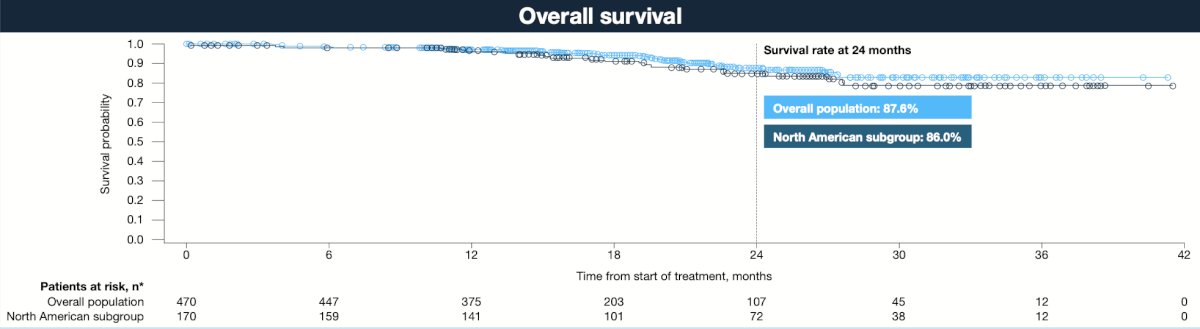 At 24 months, overall survival rates were similar in the North American subgroup (86.0%) versus the overall population (87.6%):