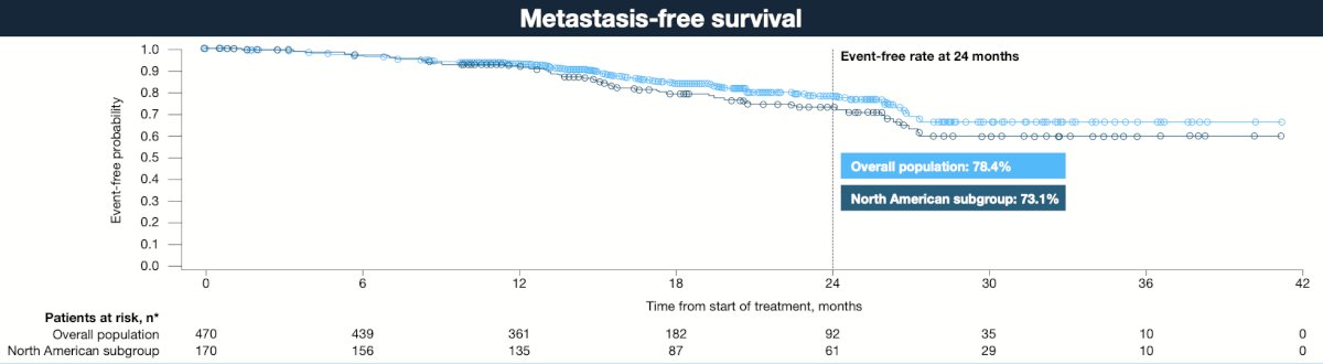 Metastasis free survival and mCRPC-free rates at 24 months were slightly lower in the North American subgroup: