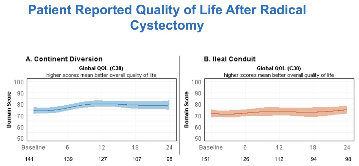 Notably, no dramatic decreases in global quality of life were observed, even in the early postoperative period, with recovery to baseline by 12 months and maintenance through 2 years, without significant differences between continent diversion and ileal conduit.