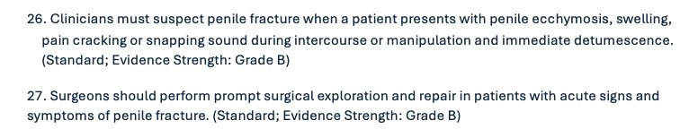 Dr. Jenkins goes on to share that the AUA Guidelines recommend prompt surgical exploration and repair for patients presenting with signs and symptoms of penile fracture. However, there is no specific guidance on a delayed presentation. Equivocal cases may benefit form the utilization of ultrasound or MRI to more definitively identify tunical rupture.