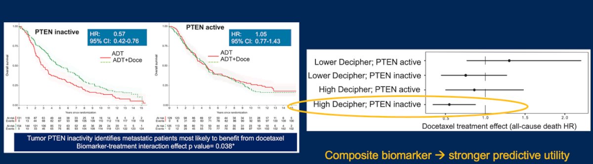 In the study presented by Dr. Grist using data from a STAMPEDE ancillary analysis, PTEN inactivation emerged as a potential predictive biomarker for docetaxel sensitivity in mCSPC. Patients with PTEN-deficient tumors appeared to derive greater overall survival benefit from the addition of docetaxel to ADT at treatment initiation, supporting its role in guiding treatment intensification. Notably, the predictive utility was further enhanced when PTEN inactivation was combined with a high Decipher genomic risk score, forming a composite biomarker that more effectively stratified patients likely to benefit from chemotherapy.