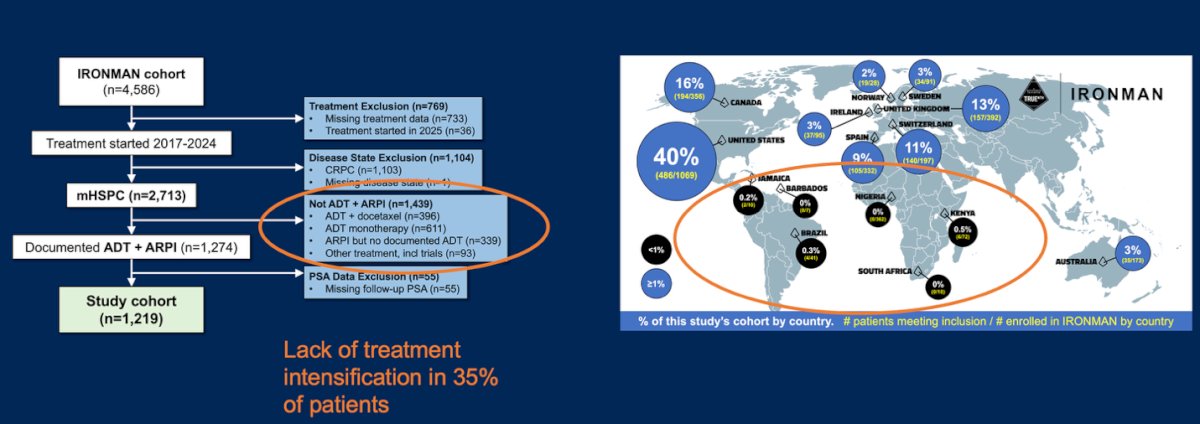 The IRONMAN registry data highlights real-world treatment patterns in patients with mHSPC, showing that only 65% of patients received appropriate treatment intensification with ADT + ARPI. Among the 2,713 eligible patients, 1,274 had documented use of ADT + ARPI. This gap reflects a lack of adherence to guideline-recommended treatment intensification in approximately one-third of patients globally, with wide geographic variability in uptake.8
