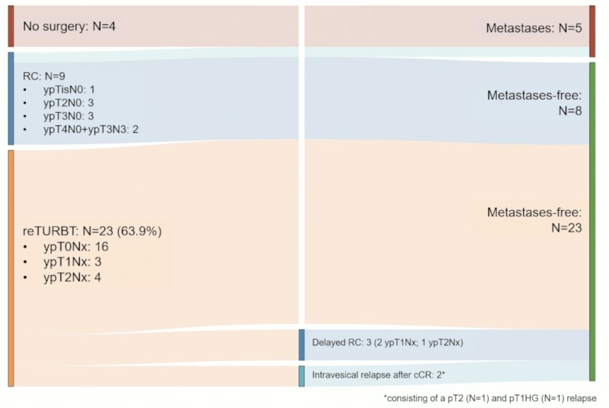 The clinical complete response-rate was 44.4% (n&nbsp;=&nbsp;16; 95% CI: 27.9-61.9), of which all of these patients underwent a re-TURBT, with a ypT≤1N0-x rate of 55.6% (n&nbsp;=20)
