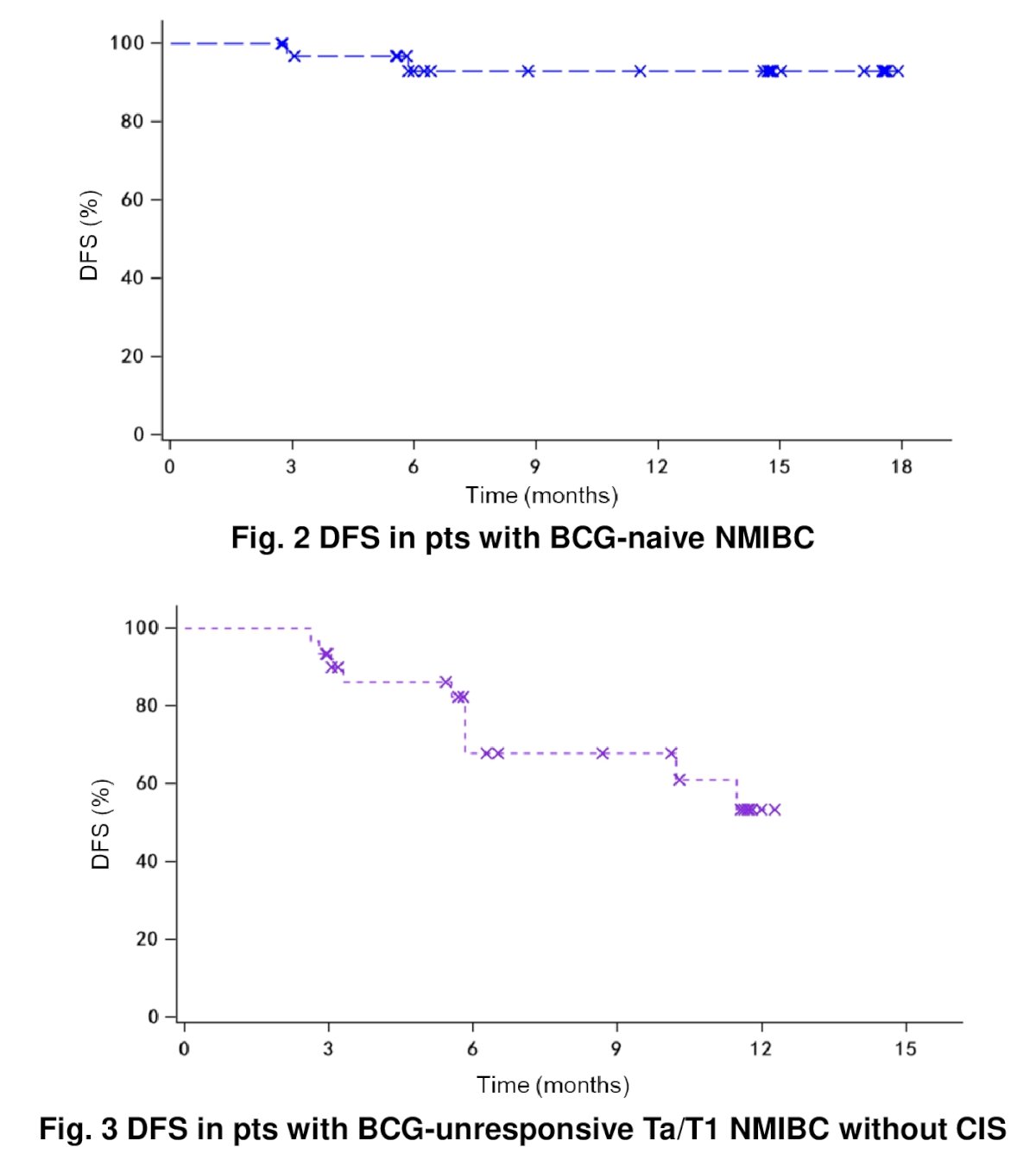 Among the 35 BCG-naïve NMIBC patients, the 12 months DFS rate was 93%. Conversely, among the 31 patients with BCG-unresponsive Ta/T1 NMIBC without CIS, the 9 months DFS rate was 68%.&nbsp;