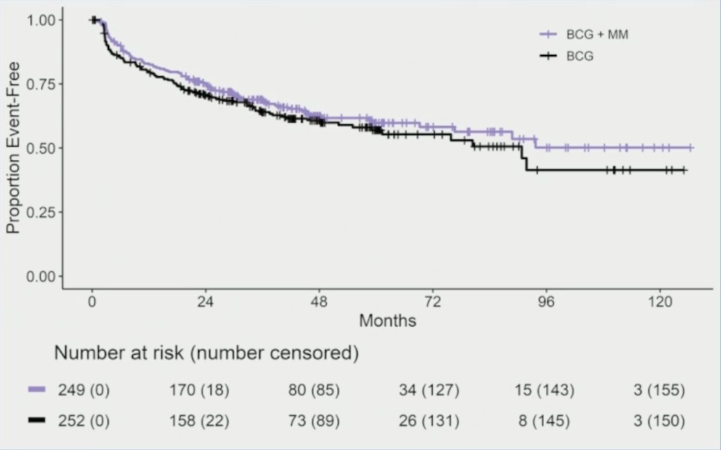In this primary analysis, the median follow-up was 48 months (IQR 34-64) at the data cut-off of December 6, 2024. The disease free survival rate at 24 months in the BCG + mitomycin arm was 75% versus 71% for BCG alone (HR 0.87, 95% CI 0.65-1.16)