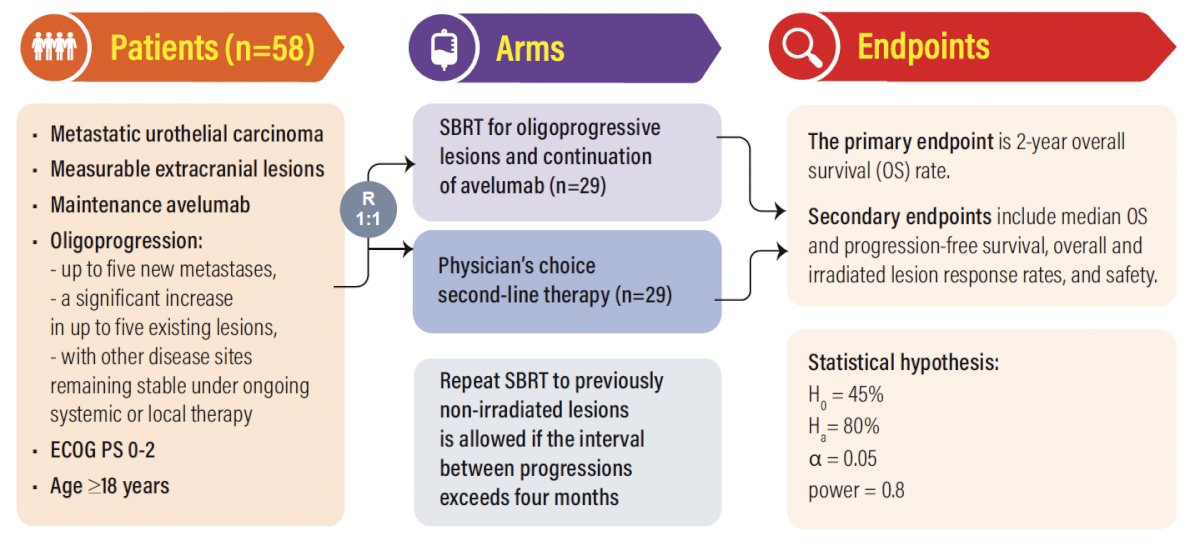Oligoprogression is defined as disease progression due to the appearance of up to five new metastases or a significant increase in up to five existing lesions, with other disease sites remaining stable under ongoing systemic or local therapy. For patients in the SBRT arm, repeat SBRT to previously non-irradiated lesions is allowed and recommended if the interval between progressions exceeds four months. Patients with brain metastases and cord compression are excluded from the study.