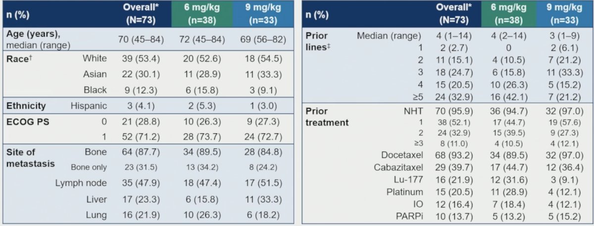 Most patients received prior docetaxel (93.2%) and hormonal therapy (95.9%), and other therapies included PARP inhibitors (13.7%), Lutetium-177 (21.9%), and immunotherapy (16.4%):
