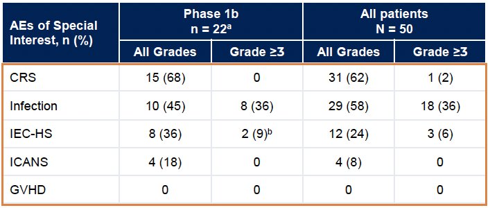 The adverse event profile was consistent with that of lymphodepletion and an active CAR T therapy. Any-grade TEAEs occurred in 100% of phase 1b patients, including: 2