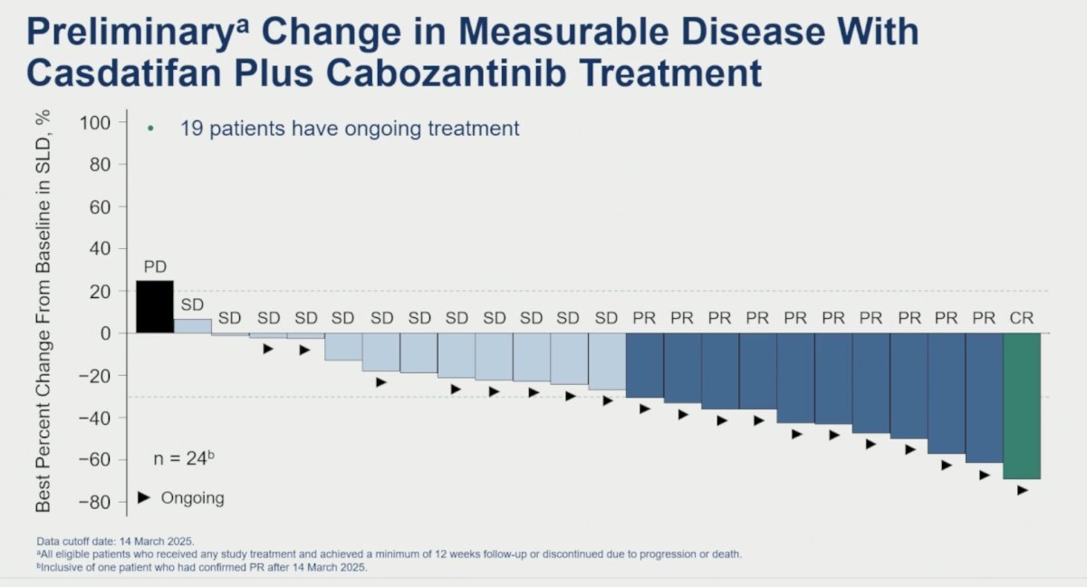 As seen below, only one patient had evidence of progressive disease and another patient had an ~5% increase in lesion diameter, with all other 22 evaluable patients experiencing a decrease in the lesion diameter.