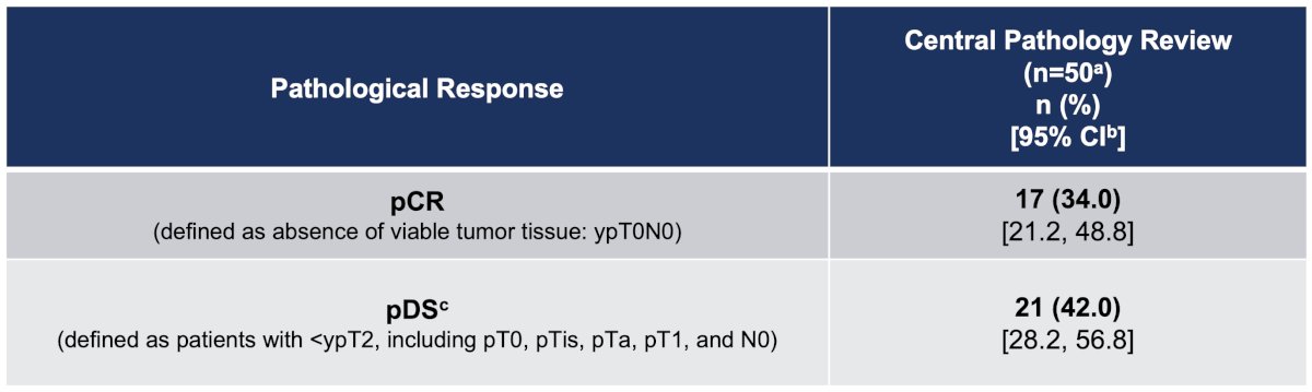 For pathologic outcomes, the pathological complete response rate was 34% and pathological downstaging occurred in 42% of patients:&nbsp;