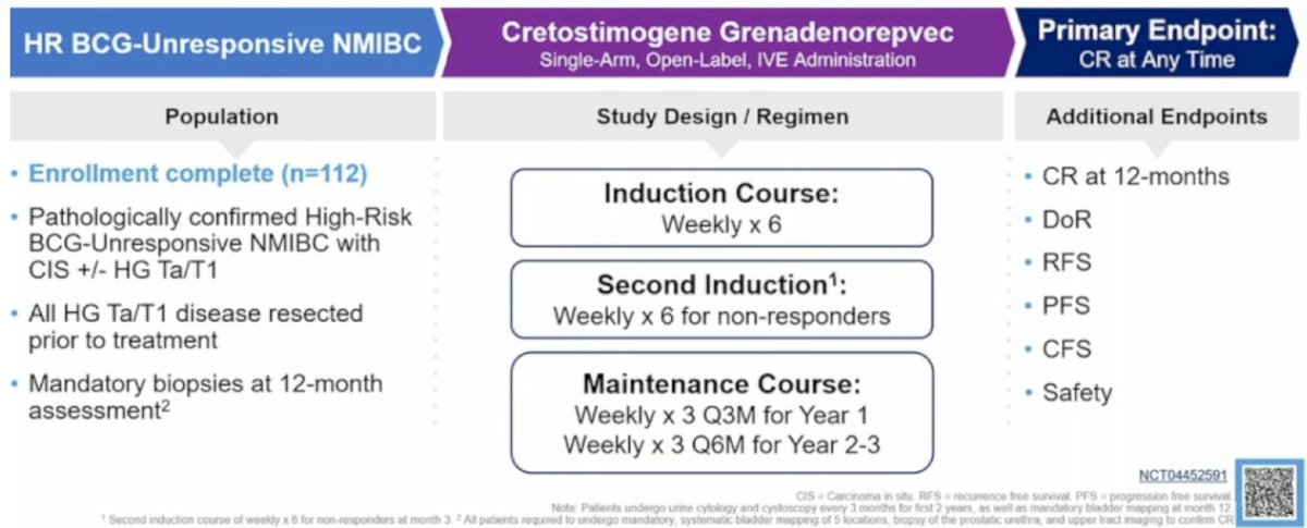 A total of 112 patients were enrolled, all with pathologically confirmed high-risk BCG-unresponsive non muscle invasive bladder cancer with CIS, with or without high-grade Ta/T1 disease. All high-grade Ta/T1 tumors were resected prior to treatment. Patients received an induction course of cretostimogene administered weekly for six weeks, with a second induction course offered to non-responders. Maintenance therapy was given weekly for three weeks every three months during the first year, and every six months during years two and three. The primary endpoint was complete response at any time, with central pathology review and the requirement for mandatory biopsies at 12 months. The study schema of BOND-003 is shown below:&nbsp;