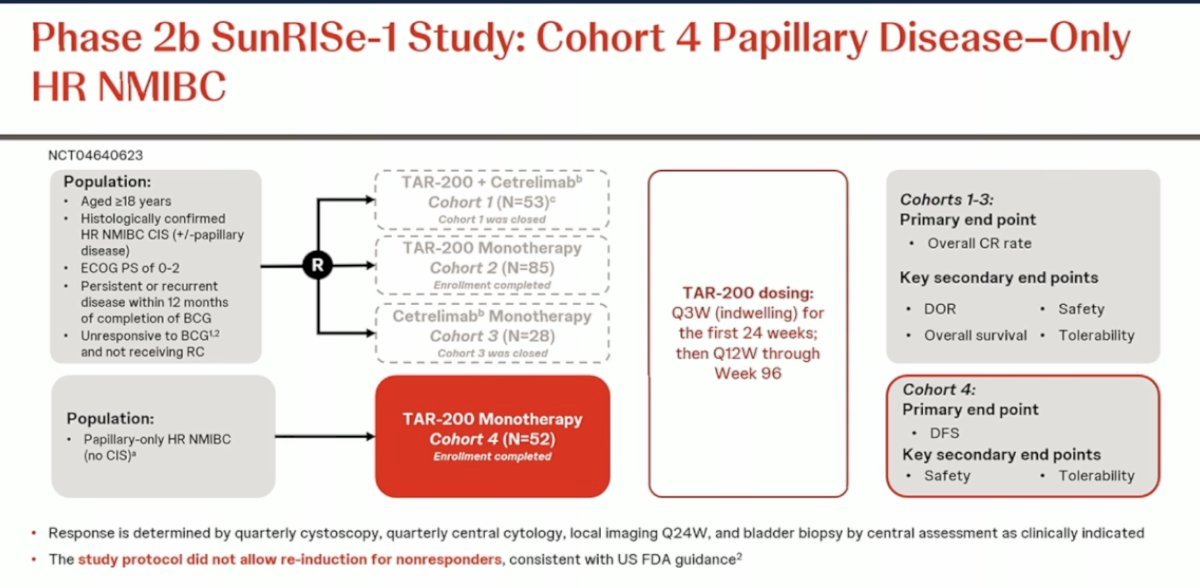 Also presented at AUA 2025 was cohort 4 of SunRISe-1 assessing TAR-200 monotherapy in patients with BCG unresponsive papillary only high risk disease