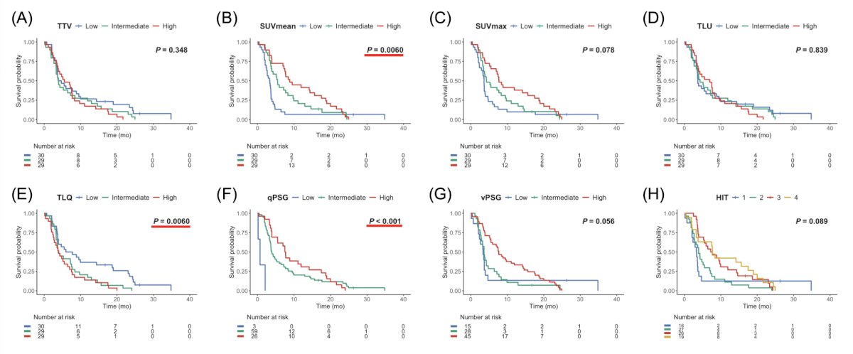 Total tumor SUVmean, total lesion quotient, and quantitative PSMA PET tumor–to–salivary gland ratio was significantly associated with PSA progression free survival (log rank p = 0.006, p = 0.006, and p < 0.001, respectively):