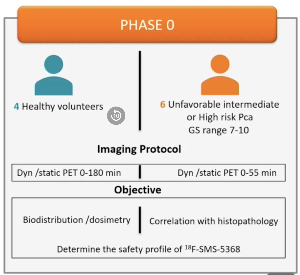 In this presentation, Dr. Hatcher reported the results of both phase 0 and phase I/II trials. In the exploratory phase 0 trial, four healthy volunteers received the novel PSMA-targeting radiopharmaceutical compound, 18F-SMS-5368, following by PET imaging up to 180 minutes following the radiotracer administration. The objective was to evaluate the biodistribution/dosimetry. Concurrently, six patients with unfavorable intermediate or high-risk prostate cancer planned for a radical prostatectomy also received this radiotracer and underwent PET imaging up to 55 minutes following radiotracer administration. The objective in this cohort was to correlate the PET imaging findings with histopathology.