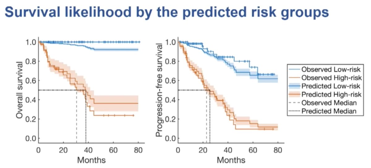 Similarly, the observed survival curves ‘agreed’ with the predicted overall and progression-free survivals for patients stratified by the predicted risk groups.